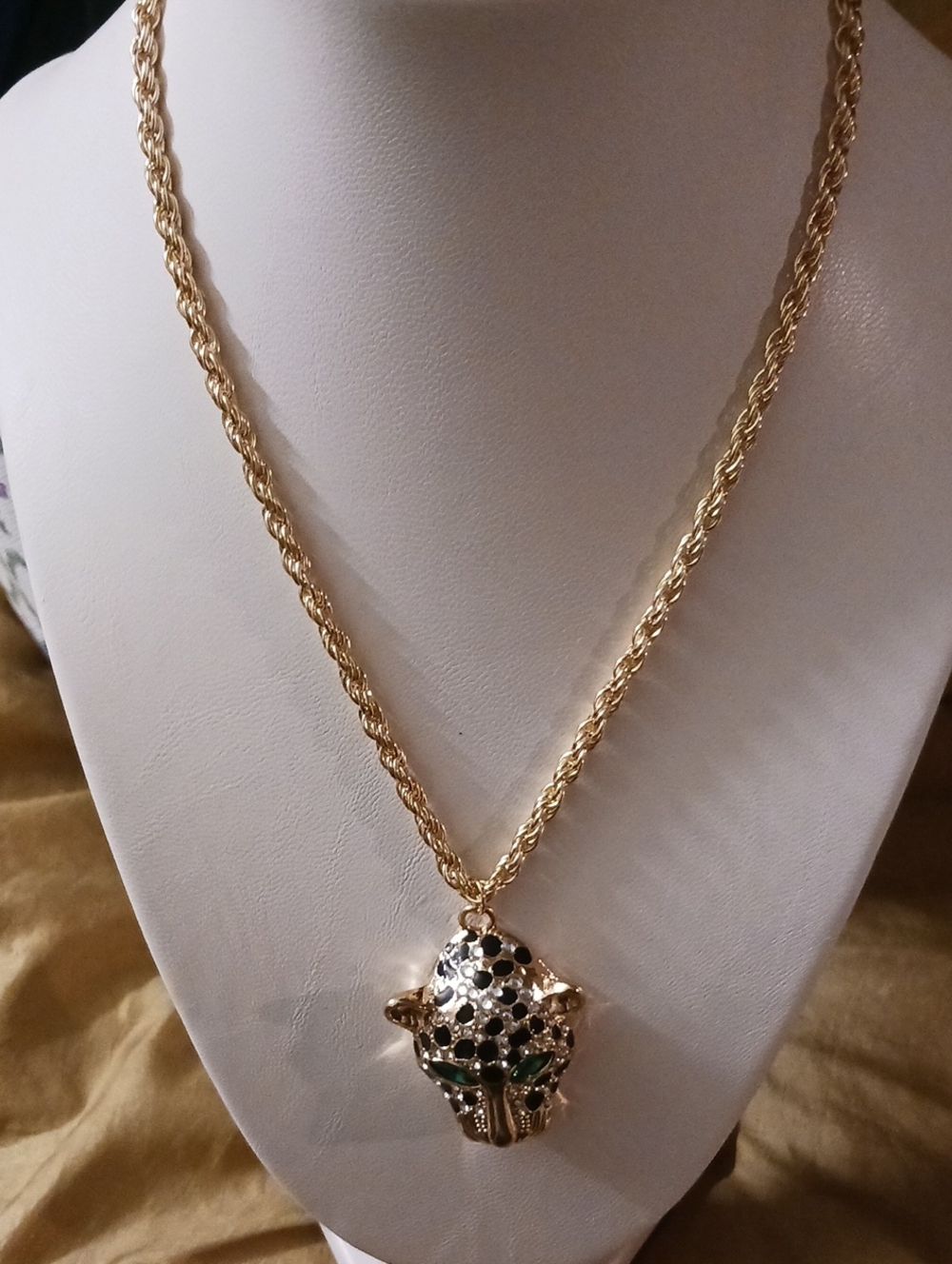 Gold Tone Leopard Pendant Necklace with Black and Green Accents